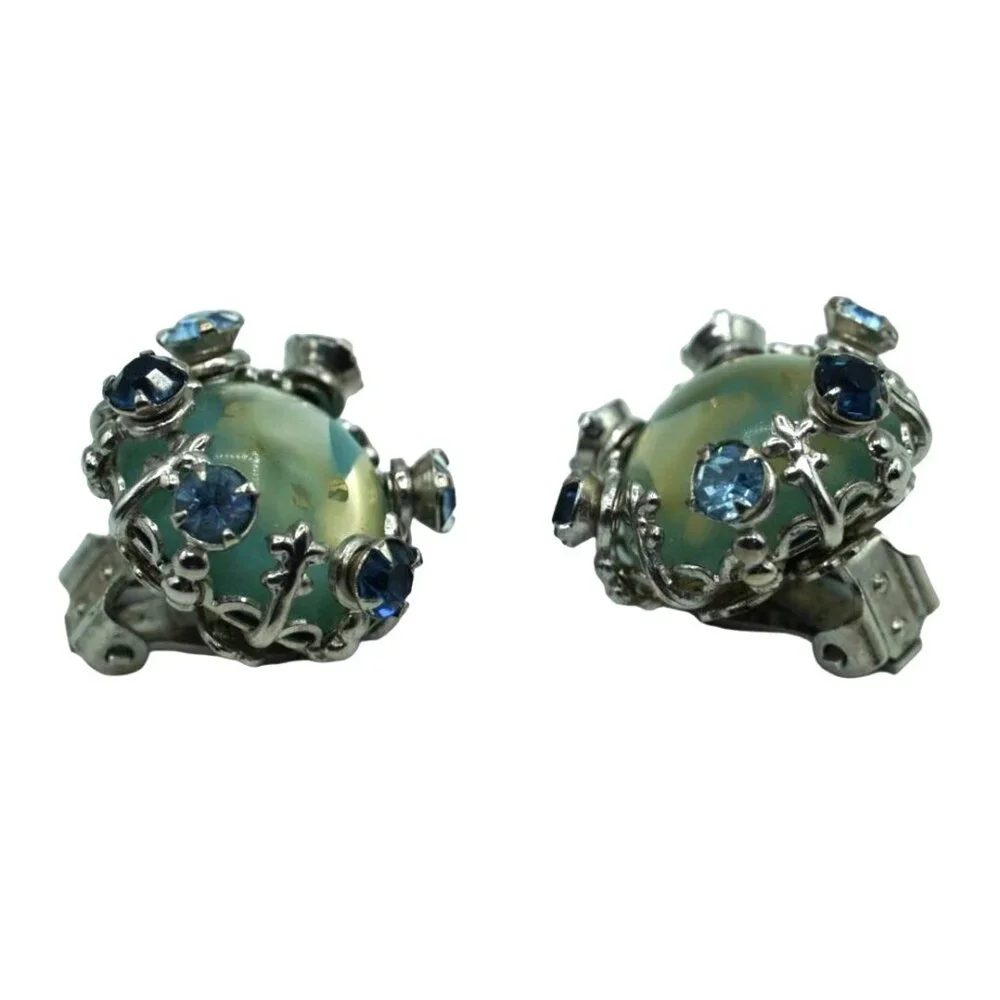 Vintage Rhinestone Set Confetti Lucite Brooch Earrings Blue Green Fleur de Lis C